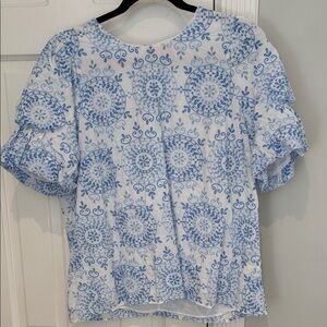 Lilly Pulitzer Eyelet Short Sleeve Blouse in the Boca Blue Beachside print XL